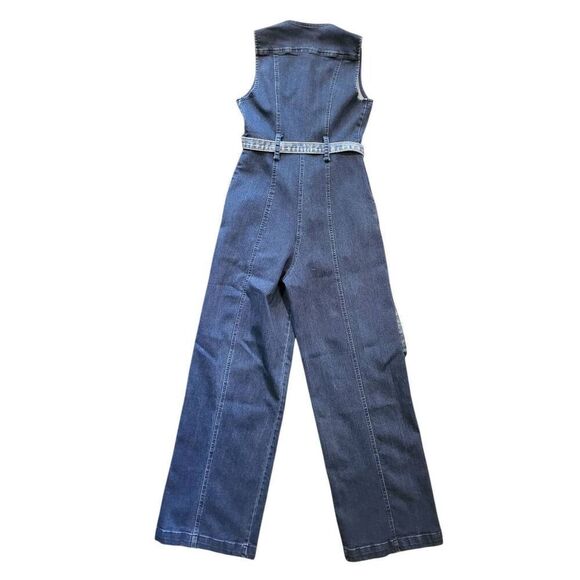Free People Jumpsuit Women's 2 Blue Denim Sleeveless Button Down Wide Ankle - Picture 2 of 5